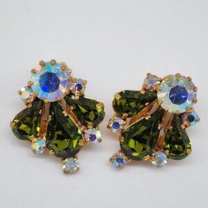 Vintage Austrian Rhinestone Clip-on Earrings on Gold Tone Metal Green and Irides